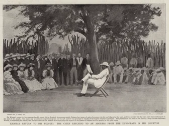 Khamas Rückkehr zu seinem Volk, der Häuptling antwortet auf eine Ansprache der Europäer in seinem Land